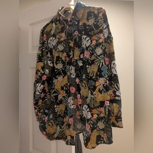 Floral and Leopard Print Satin Button-Up Shirt